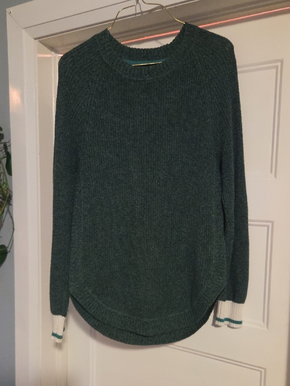 Women's Forest Green Crewneck Sweater with Contrast Cuffs